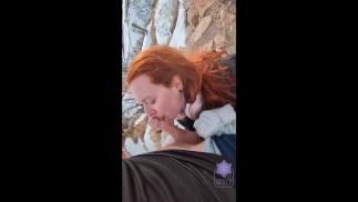 Sexy thick redhead swallows cum lucky hiker public mountain