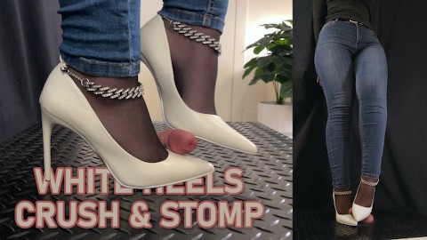 Tacones blancos Crush y pisoteo - Bootjob, Shoejob, Ballbusting, CBT, Pisotear, Pisotear, Tacones Altos