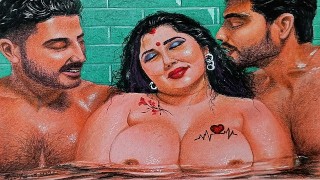 Art érotique ou dessin d’une femme mariée indienne sexy ayant une liaison torride avec ses deux petits amis