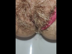 Schoolgirl with small ass but big hairy pussy pissing for you super mega closeup