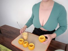 Sexy busty beauty shows off her cooking skills