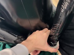 Girl in leather do blowjob and have sex while cuffed