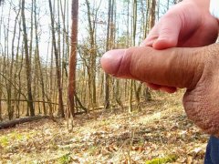 Close up jerking and cumming in the middle of forest