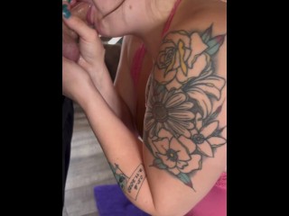 Wife giving sloppy blowjob and deep throating cum