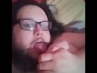 Hairy, Chubby, Nerd Shows Dick, Balls, Ass, and Licks his Nipples.