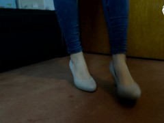 Trying high heels on her sexy feet (foot tease, shoe fetish, big feet, sexy soles, foot goddess)