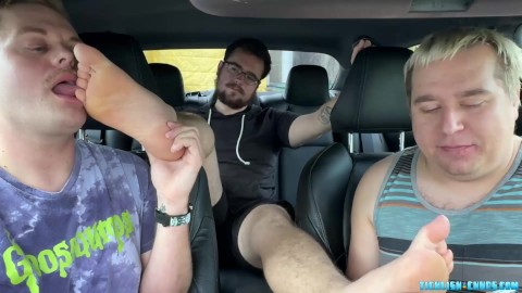 Car ride turns into a foot licking and worshipping threesome