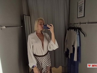 Try On Haul Transparent Clothes with huge tits, at the fitting room. Completely See Through Clothes,