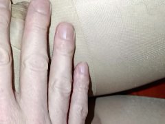 Cock jammed in pantyhose. And juicy cum in a white pussy. Part 2