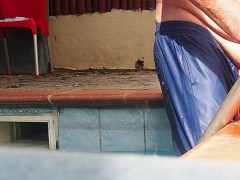 Horny hot Ebony milf riding white poolboy at the pool