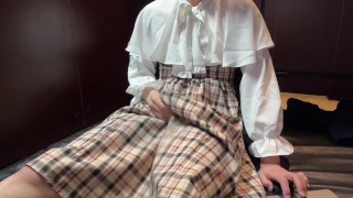 Cross-Dressing, Wearing A Cute Checkered Frilled Dress, Masturbating While Watching AV