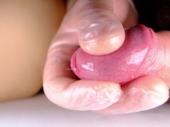 Slow motion and close up while masturbating my lubed dick by had wearing glove
