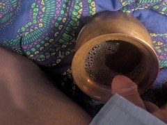 Pissing in a sacred copper jar on bed, enjoy,comment,share