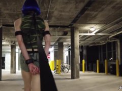 Domme walks Bound Feminized Sissy down the street on a Leash