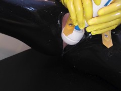 Tiny Rubber Slut Masturbating to Multiple Orgasms In Yellow & Black Latex