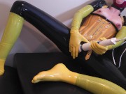 Preview 5 of Tiny Rubber Slut Masturbating to Multiple Orgasms In Yellow & Black Latex