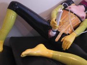 Preview 6 of Tiny Rubber Slut Masturbating to Multiple Orgasms In Yellow & Black Latex