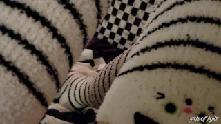 White Fuzy Thigh High Cat Socks - Sock Fetish - Side Of Light