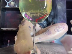 Mistress peeing through pantyhose right into the slave mug POV