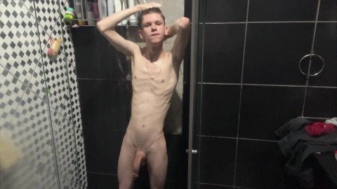 Skinny twink takes his shower alone