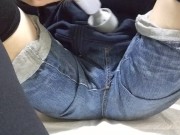 Preview 1 of A boy's daughter wearing jeans leaked pee while playing with an electric massager.