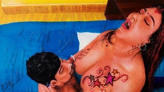 義理の弟とセックスするセクシーなインドの入れ墨をした女性のエロティックなアートまたは絵