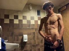 Twink  Masturbates Inside Movie Theater Public Restroom! *Almost Caught*