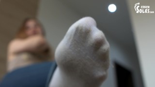 Smelly Worn-Out White Puma Socks From The Perspective Of The Stinky Worshipped Foot
