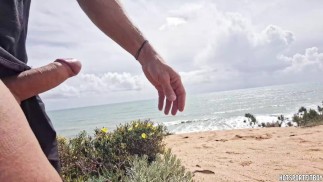Beautiful Fitness guy jerking off on a public beach - risky and almost caught