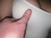 Preview 2 of Stepsister allowed to cum on her big tits while talking to a guy