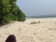 Preview 1 of Voyeur pervert jerks off busty MILF and her stepdaughter and cums on their faces while they sunbathe