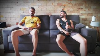 I jerk off my big cock while my stepbrother plays video games