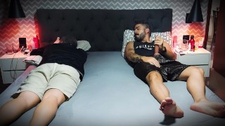I jerk off my big cock next to my stepbrother while he doesn't see - While our mother is away