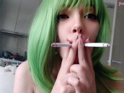 Preview 2 of Cute Green Hair Egirl smoking 2 cigarettes at the same time (full vid on my 0nlyfans/ManyVids)