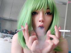 Cute Green Hair Egirl smoking 2 cigarettes at the same time (full vid on my 0nlyfans/ManyVids)