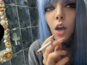 Preview 3 of Blue Hair Alt Babe smoking in your bathroom (full vid on my 0nlyfans/ManyVids)