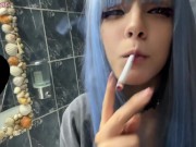 Preview 4 of Blue Hair Alt Babe smoking in your bathroom (full vid on my 0nlyfans/ManyVids)