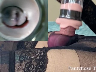 Pantyhose Femboy gets a Sloppy Blowjob Split Screen Internal Camera Stroker Video