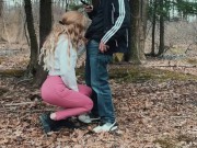 Preview 3 of Sexy Jogger Girl Gives Blow Job on Knees to Stranger in Public in Woods