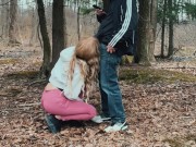 Preview 4 of Sexy Jogger Girl Gives Blow Job on Knees to Stranger in Public in Woods