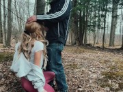 Preview 5 of Sexy Jogger Girl Gives Blow Job on Knees to Stranger in Public in Woods
