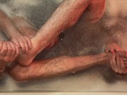 Preview 2 of Two hairy guys caress each other in a bubble bath, do feet massage, piss and cum from handjob