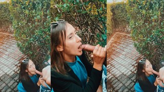 Une fille suce une bite dans un parc public à l'extérieur et avale du sperme, tire des couilles