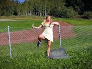 Preview 1 of Hot blonde Nordic milf masturbating by the sports track