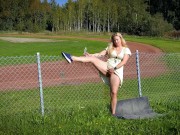 Preview 2 of Hot blonde Nordic milf masturbating by the sports track