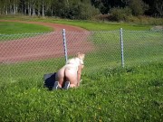 Preview 4 of Hot blonde Nordic milf masturbating by the sports track