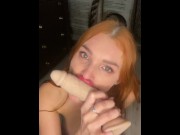 Preview 5 of Hot OnlyFans model gives a blowjob to a huge dildo and then fucks her tight pussy with it