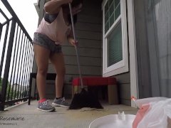 Short shorts POV juicy fat ass while cleaning outdoors