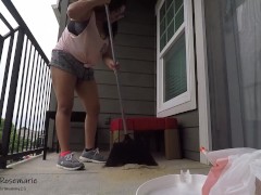 Short shorts POV juicy fat ass while cleaning outdoors