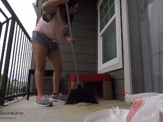 Short shorts POV juicy fat ass while cleaning outdoors Video